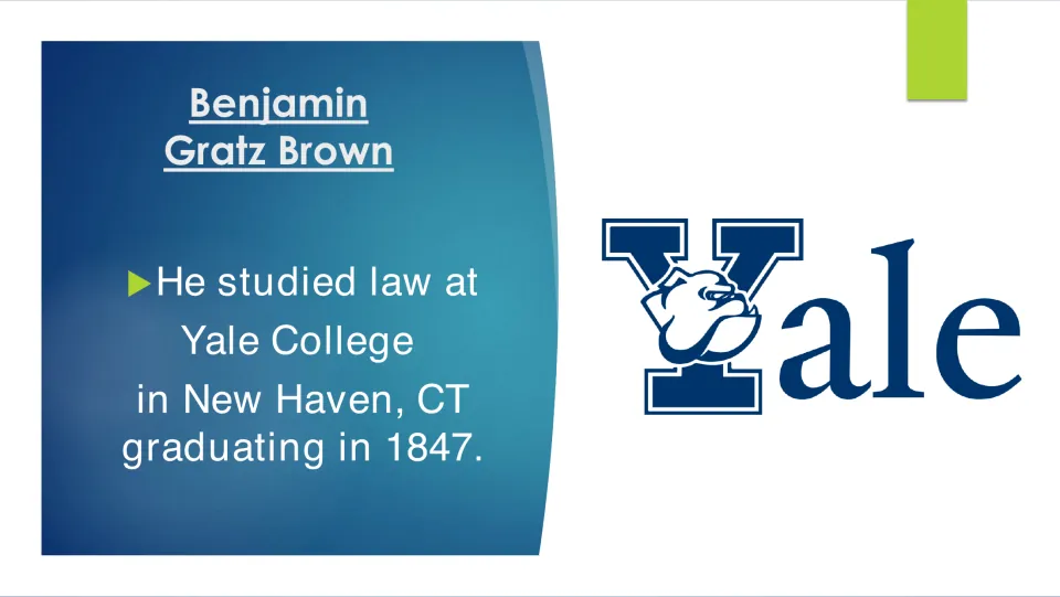 Law studies: Brown studied law at Yale College in New Haven, Connecticut, graduating in 1847, beside the Yale logo