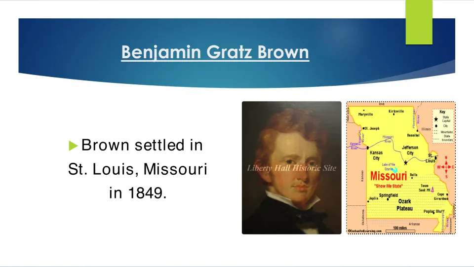 Move west: Brown settled in St. Louis, Missouri in 1849, shown with a portrait of young Brown and a Missouri state map