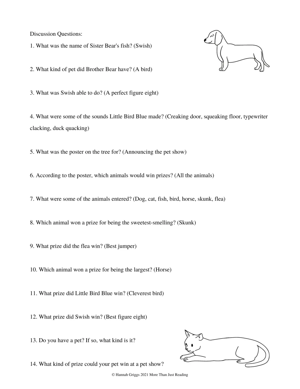 Discussion guide with 14 questions about Swish, Little Bird Blue, pet show prizes, and students’ own pets