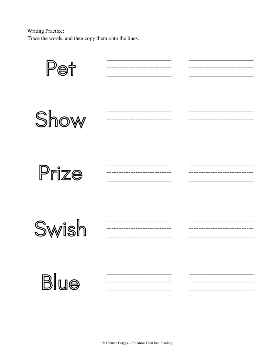 Writing practice activity asks students to trace and then copy five words: Pet, Show, Prize, Swish, and Blue