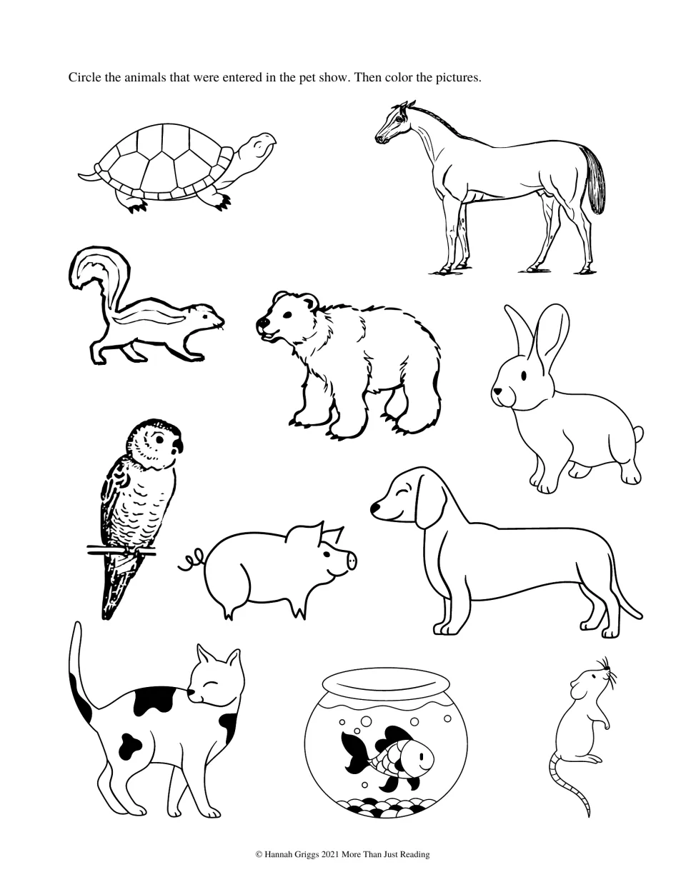 Pet show animal identification activity asks students to circle story entrants among 11 animals and color them
