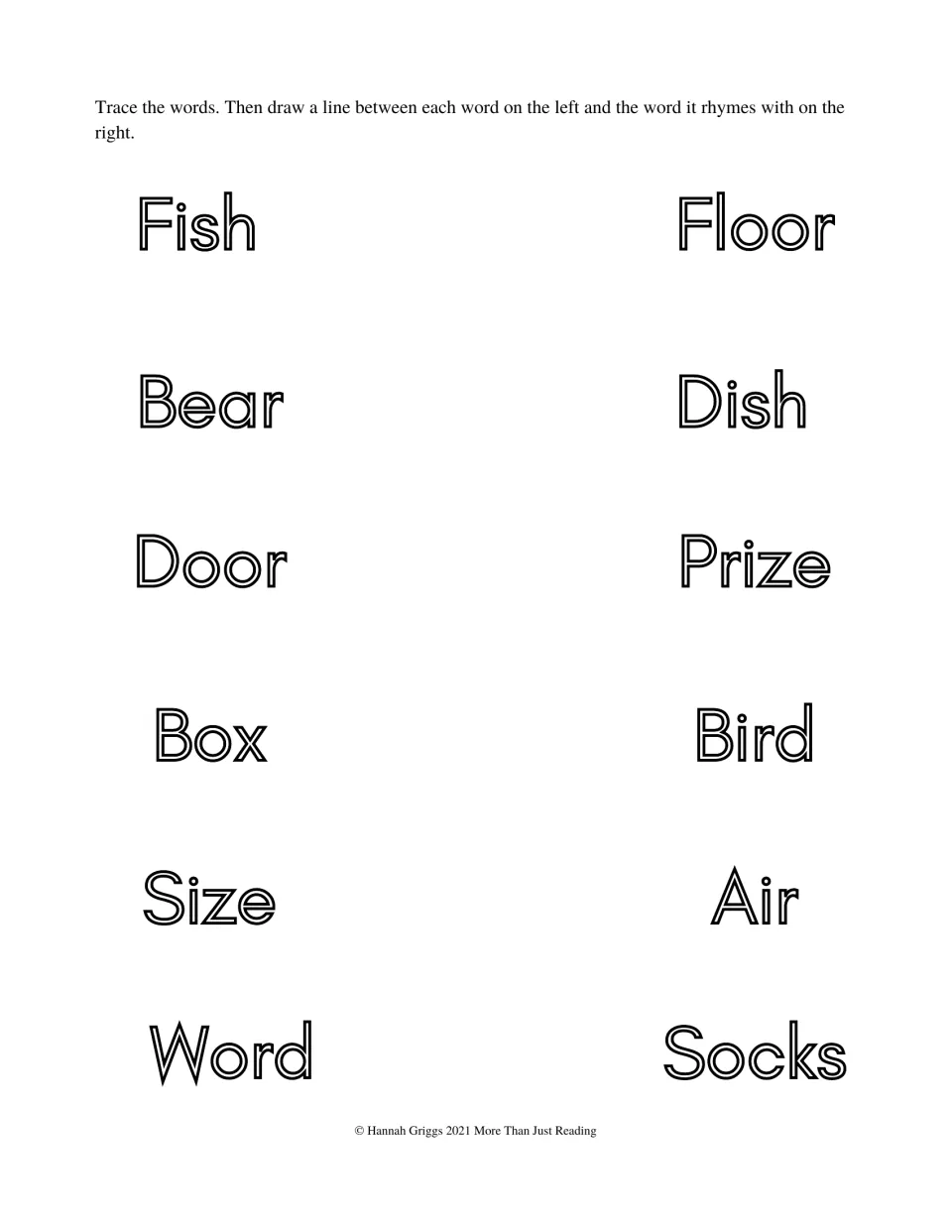 Rhyming activity asks students to trace and match Fish, Bear, Door, Box, Size, and Word to six rhyming words