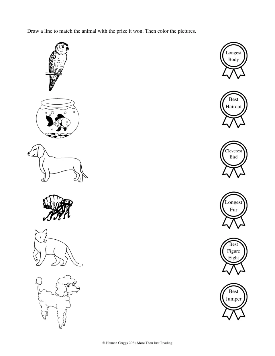 Pet show prize matching activity pairs a bird, fish, dachshund, flea, cat, and poodle with six award choices