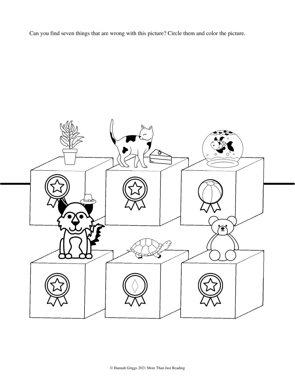 Find-seven-errors coloring activity shows a pet show scene with a plant, cake, and upside-down fishbowl