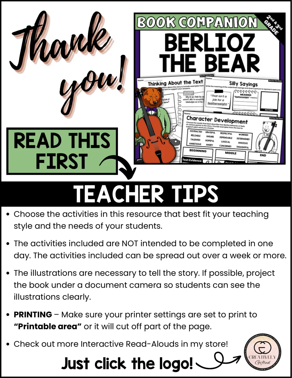 Teacher tips for the book companion explain activity selection, pacing, showing illustrations, and printing.