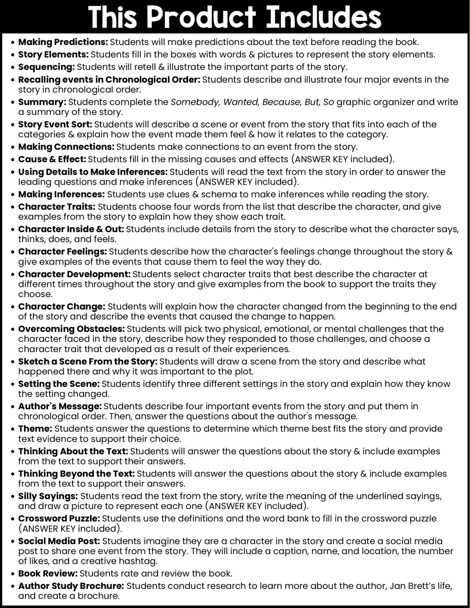 Activity overview lists 27 reading tasks, from Making Predictions to an Author Study Brochure about Jan Brett.