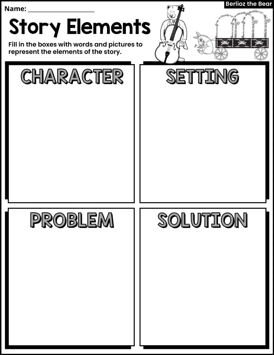 Story Elements activity asks students to represent the character, setting, problem, and solution in words and pictures.