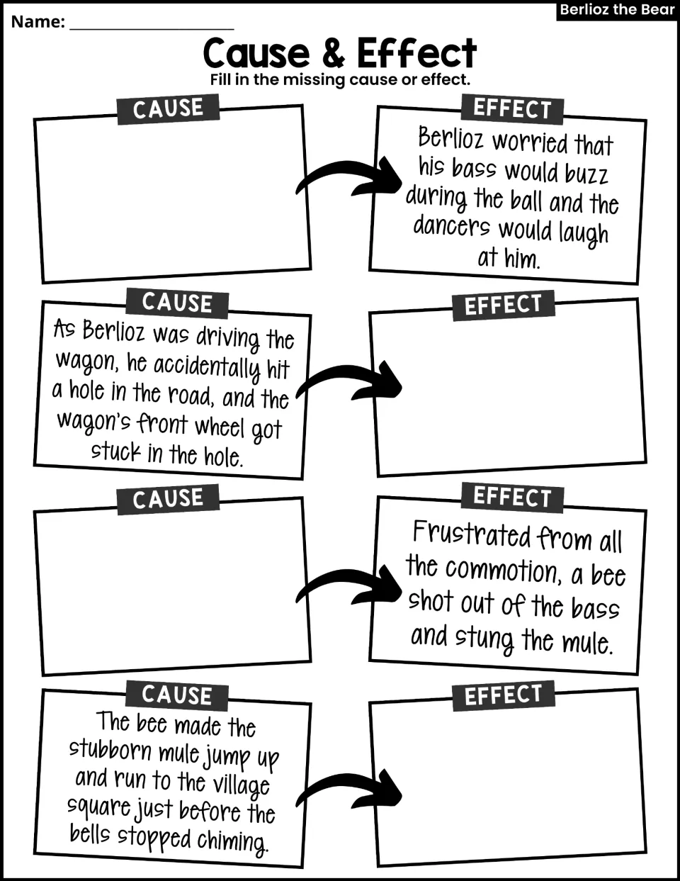 Cause & Effect activity asks students to complete four pairs about the buzzing bass, stuck wagon, bee, and mule.
