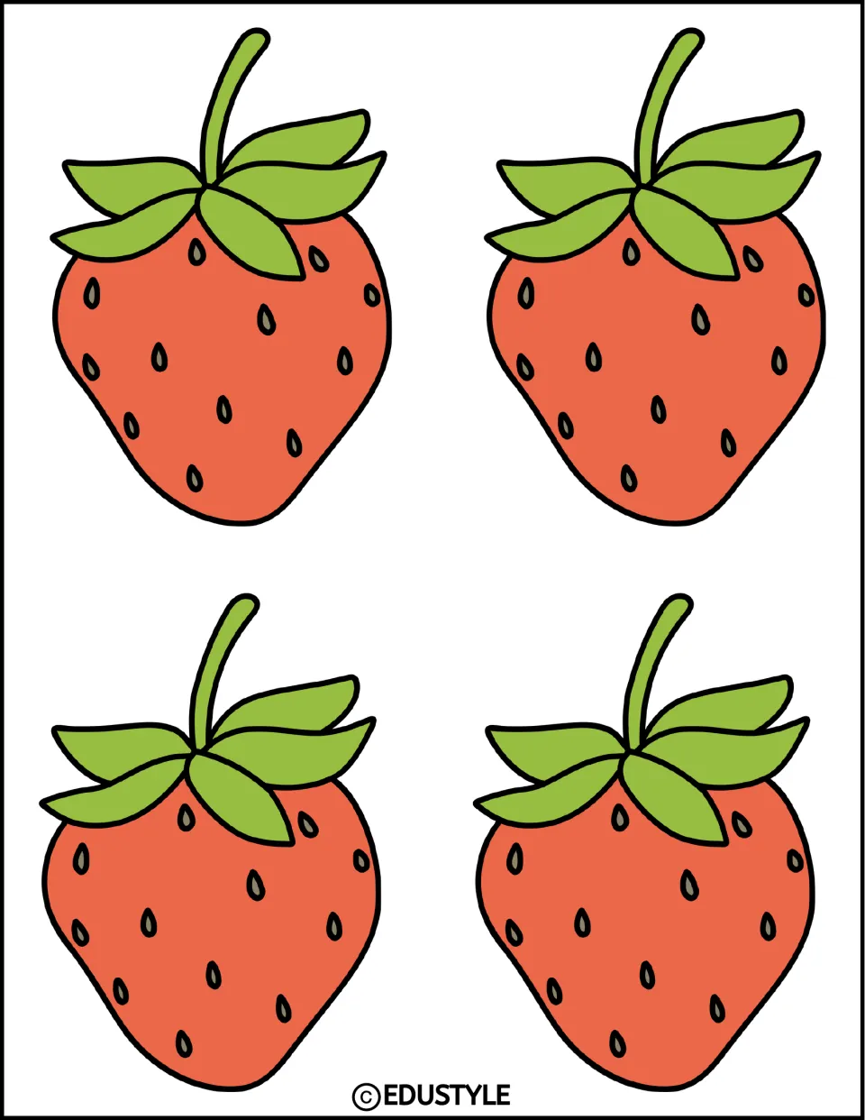 Four strawberry decorations with green leaves for the summer bulletin board and door decor kit, ready to cut out