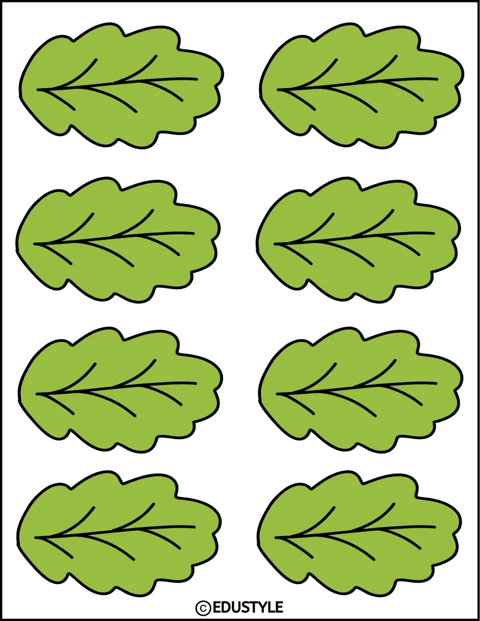 Eight small green leaf accents with black veins for the strawberry and summer bulletin board and door decor kit