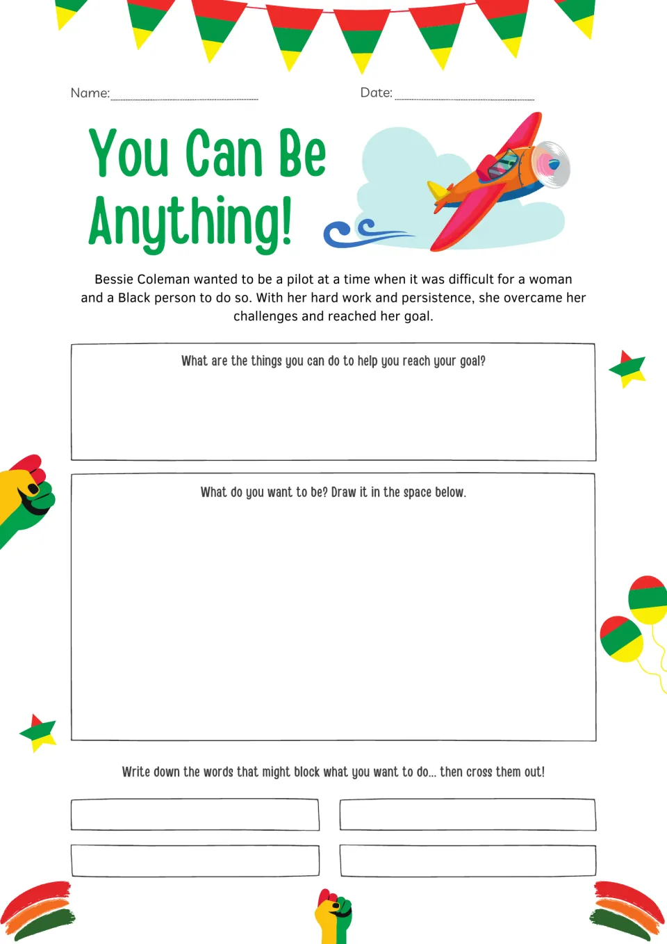 You Can Be Anything: after a note on pilot Bessie Coleman, students list goal steps, draw a dream job, cross out doubts