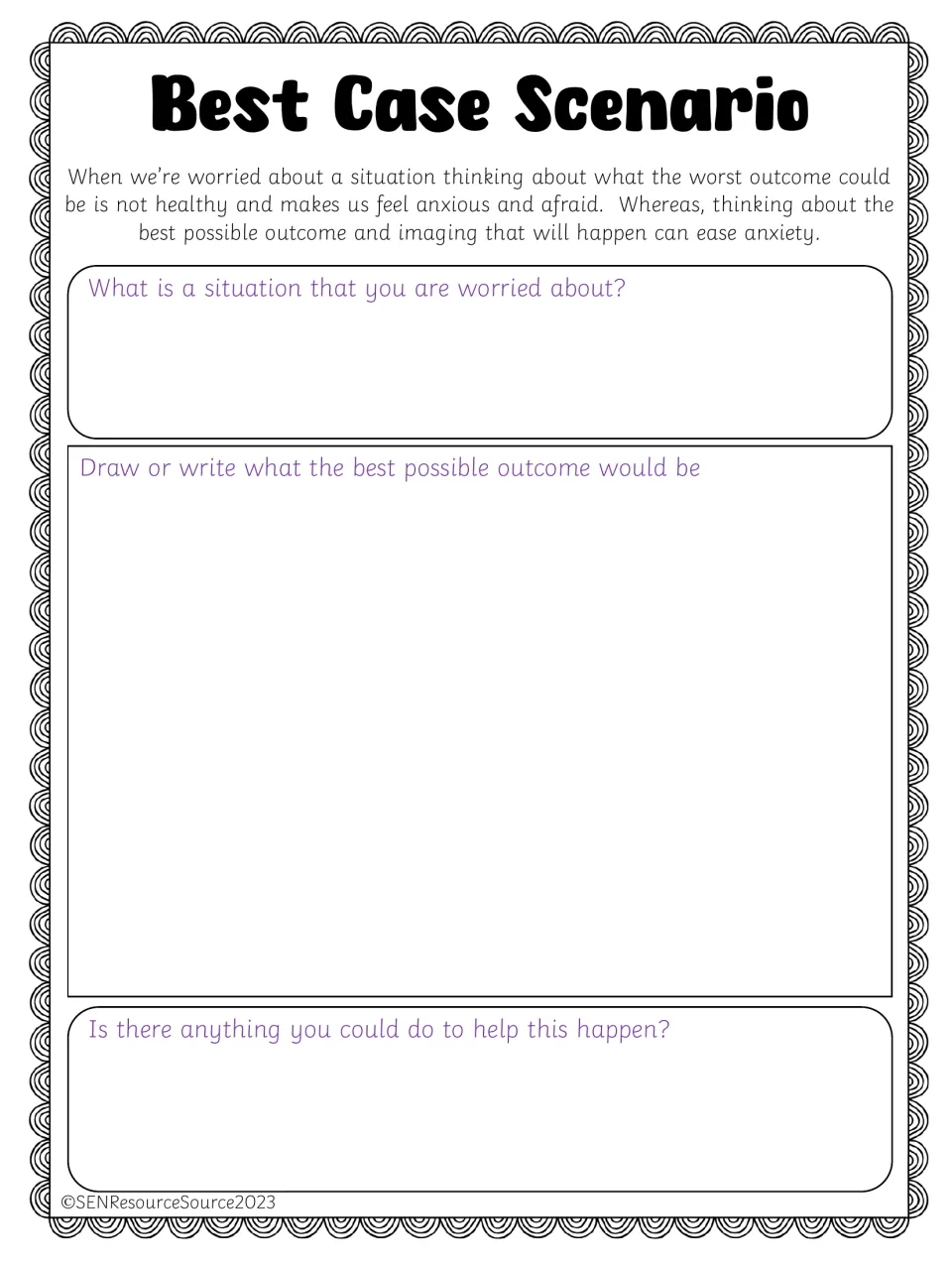 Best Case Scenario: students name a worry, then draw or write the best possible outcome and what they could do to help