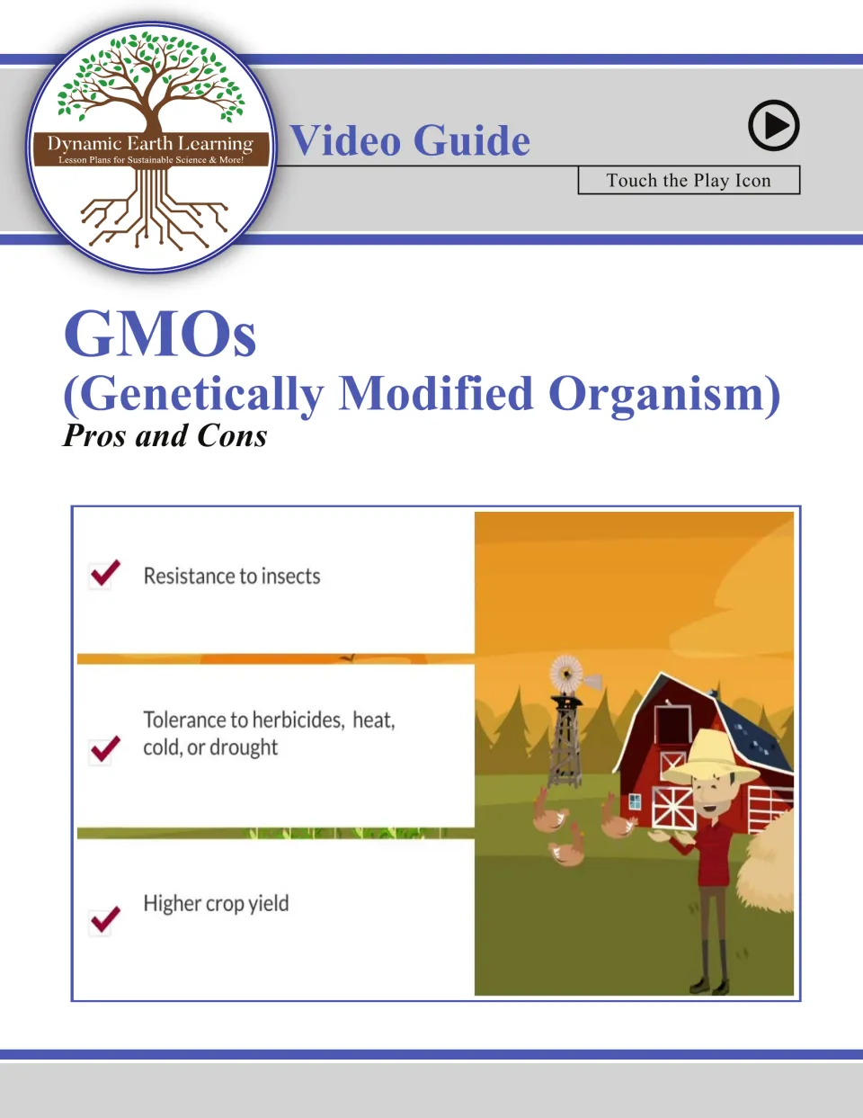 GMOs pros and cons video guide cover with a play icon, listing insect resistance, drought tolerance and higher crop yield