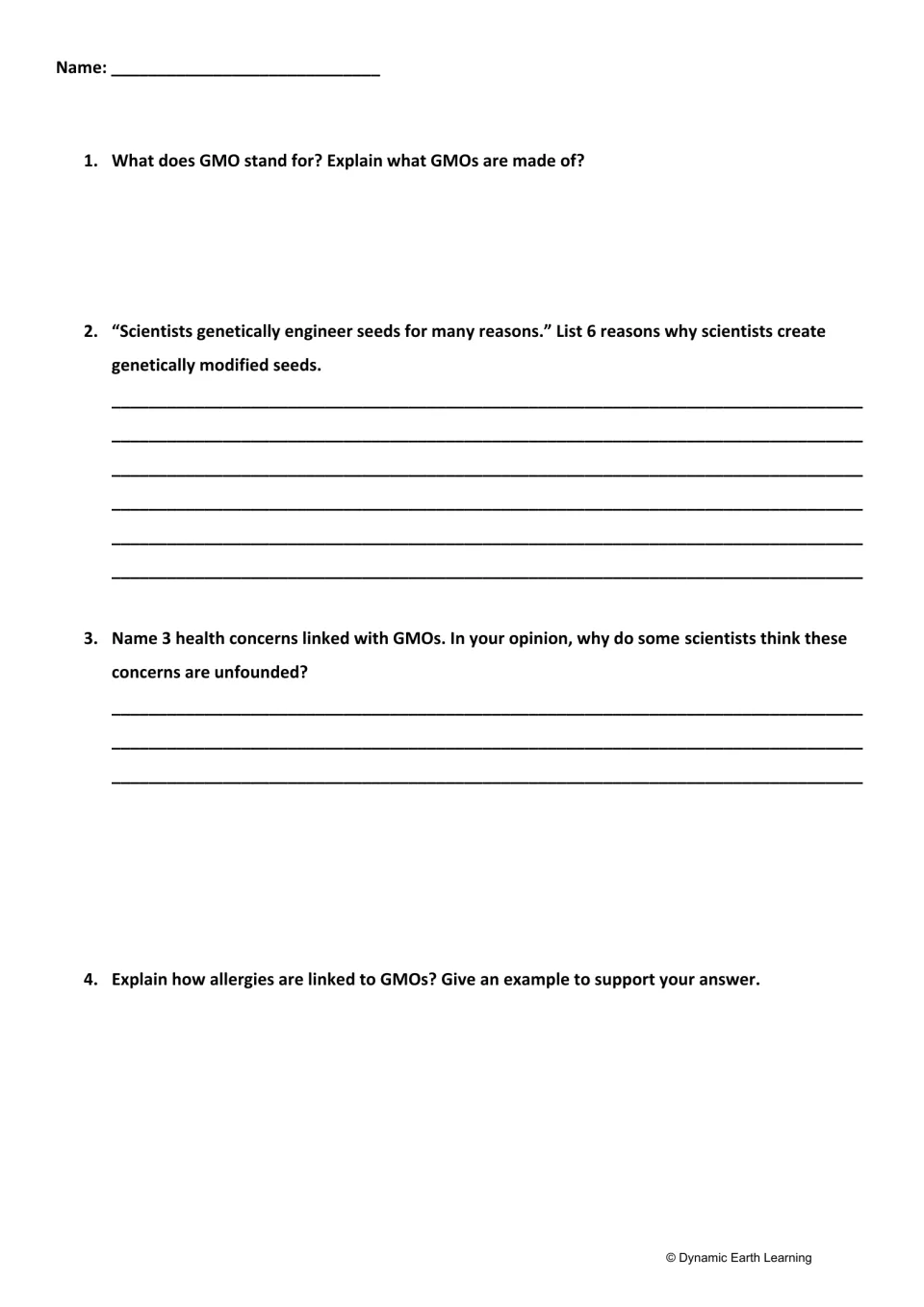 GMO questions 1-4: students define GMO, list 6 reasons seeds are engineered, and explain health concerns and allergies