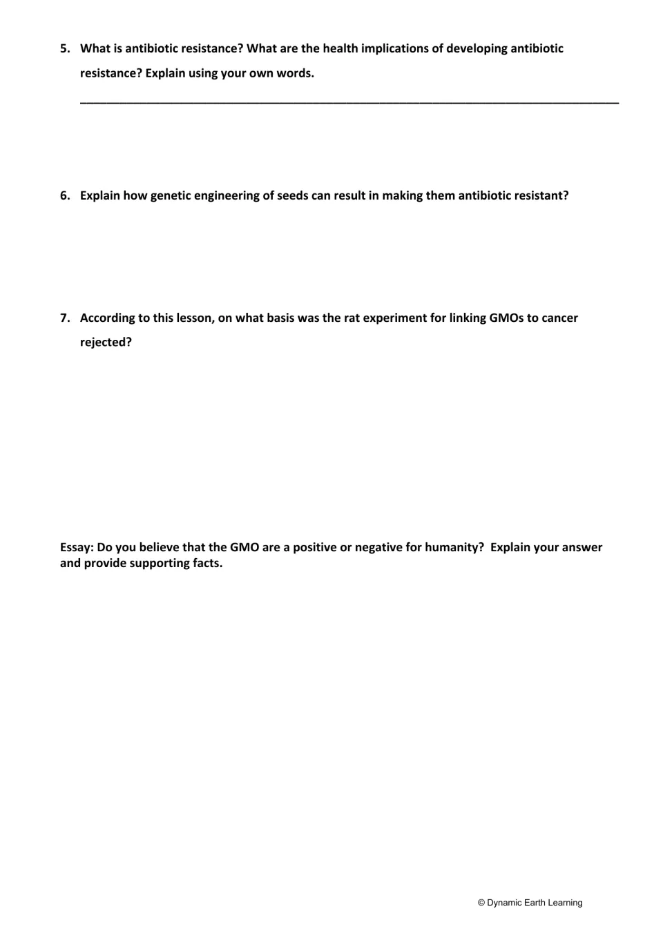 GMO questions 5-7 on antibiotic resistance and the rat cancer study, plus an essay on whether GMOs help or harm humanity