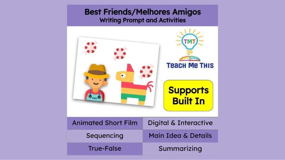 Cover for Best Friends/Melhores Amigos writing activities featuring an animated short film and built-in supports