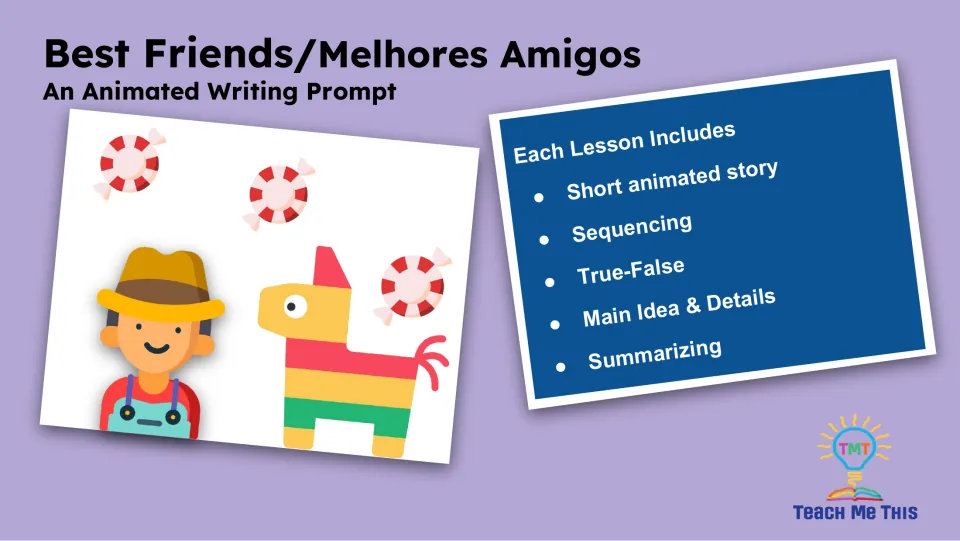 Lesson overview lists a short animated story, sequencing, true-false, main idea and details, and summarizing