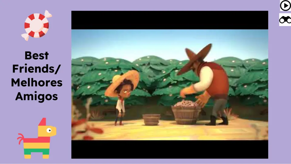 Animated short-film viewing slide shows a boy and an adult beside baskets in an orchard for the writing lesson