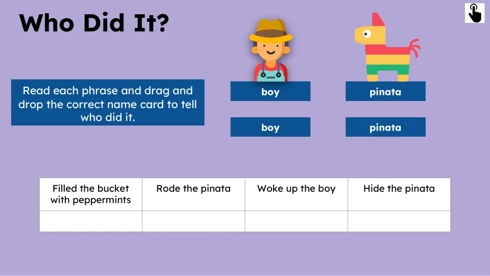 Who Did It? activity asks students to match boy or piñata to filling a bucket, riding, waking, and hiding