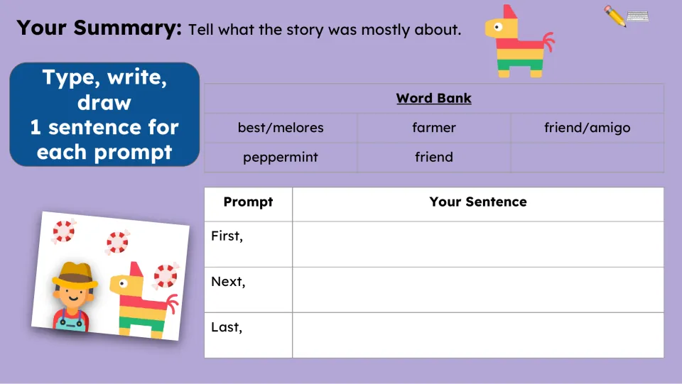 Summary activity asks for one sentence each for First, Next, and Last, with a word bank including farmer and friend