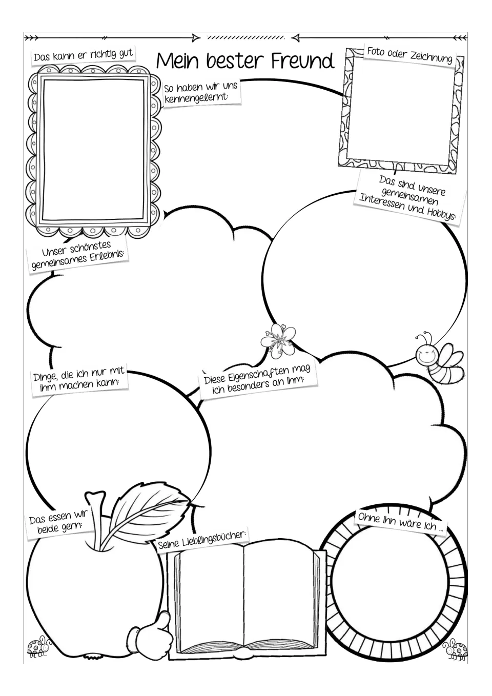 Male best friend worksheet in German: how we met, shared hobbies, favorite books, and admired traits