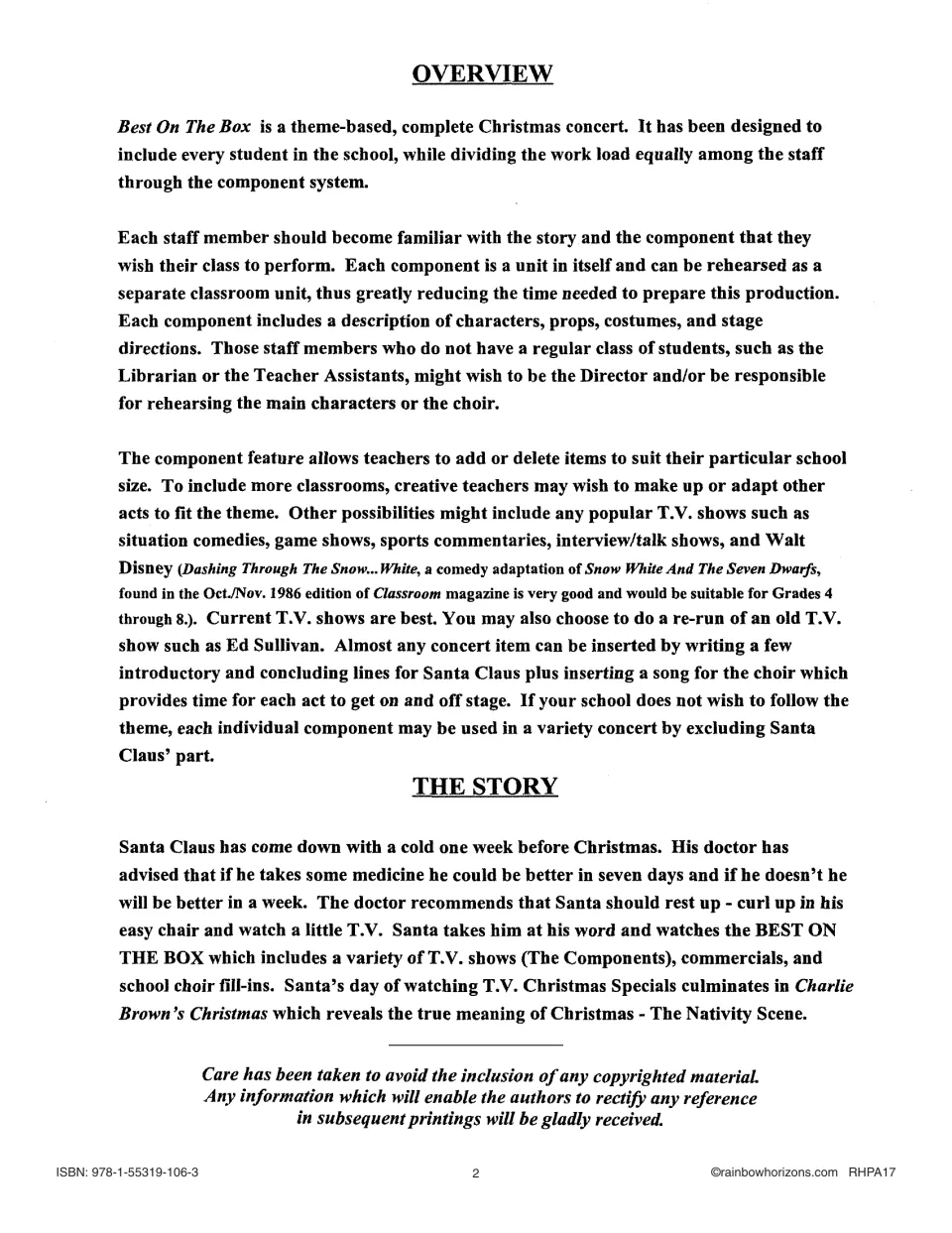 Overview of the concert's component system and the story: Santa has a cold and watches TV Christmas specials