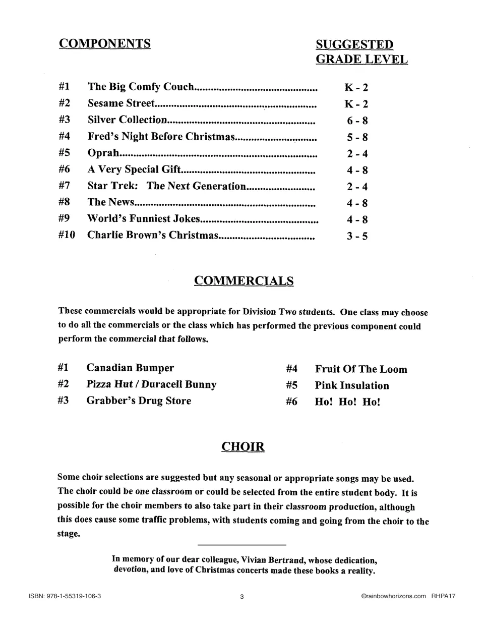 List of the 10 TV-show components with suggested grades, plus the 6 commercials and notes on the choir