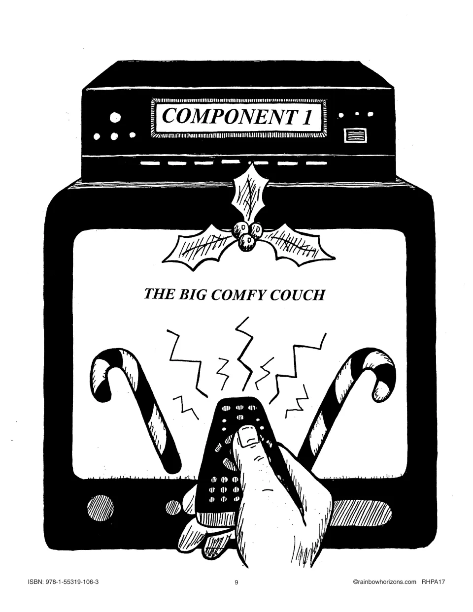 Component 1 title page: 'The Big Comfy Couch' on a TV screen with holly and candy canes