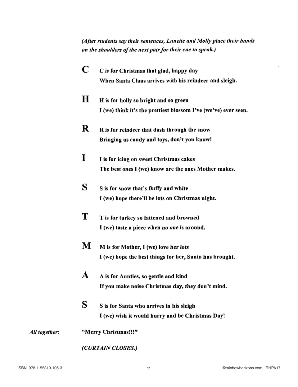 The nine CHRISTMAS letter verses, from 'C is for Christmas that glad, happy day' to 'S is for Santa'