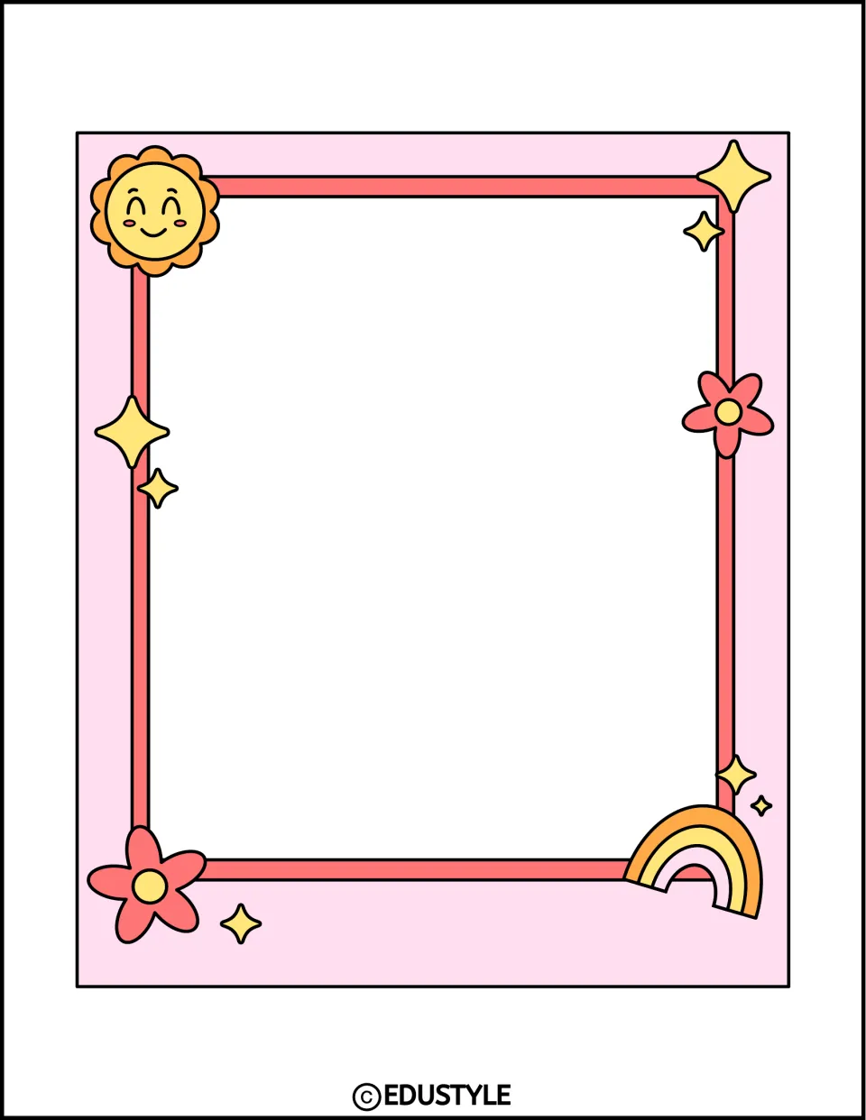 Pink memory frame with a smiling sun, coral flowers, sparkles and a rainbow; students add a summer photo or drawing