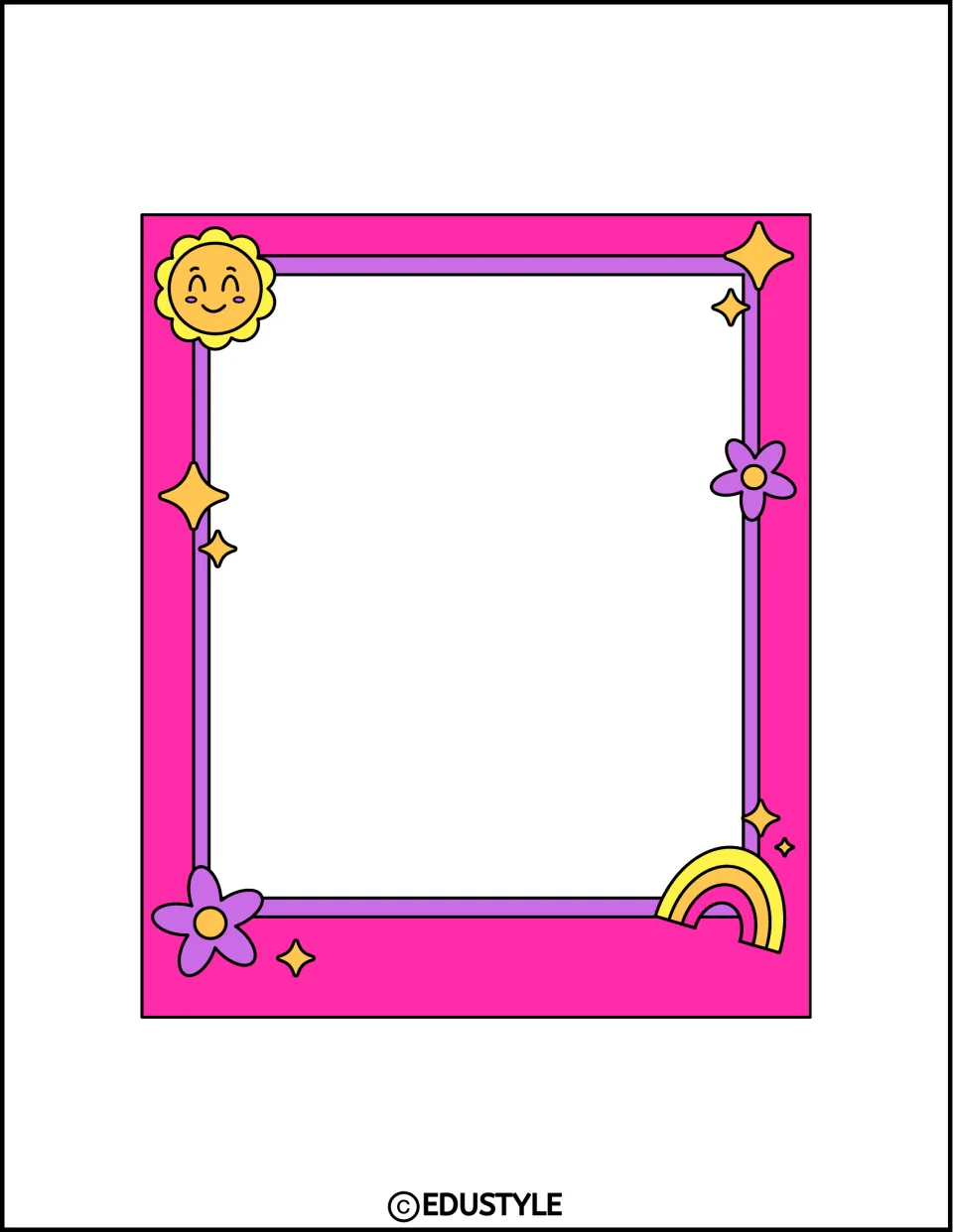 Smaller hot pink memory frame with purple trim, a sun face and purple flowers to hold a student photo