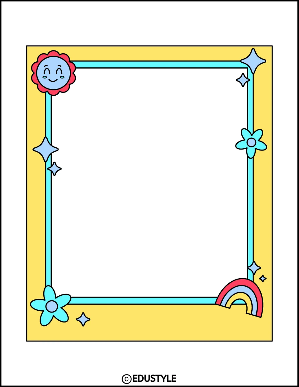 Yellow memory frame with aqua trim, a blue sun face in red petals, aqua flowers and a red and blue rainbow for a photo