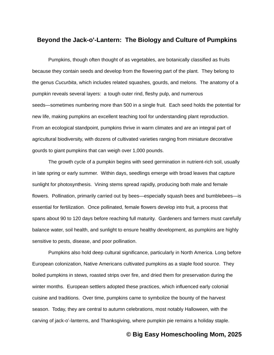 Pumpkin reading passage, part 1: fruit classification, anatomy, growth, pollination, and harvest traditions