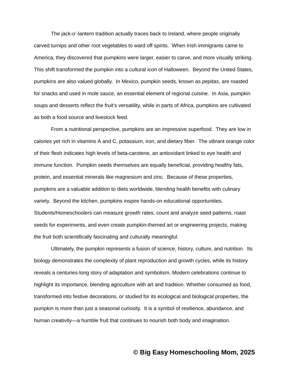 Pumpkin reading passage, part 2: Irish carving traditions, global food uses, nutrition, and educational uses