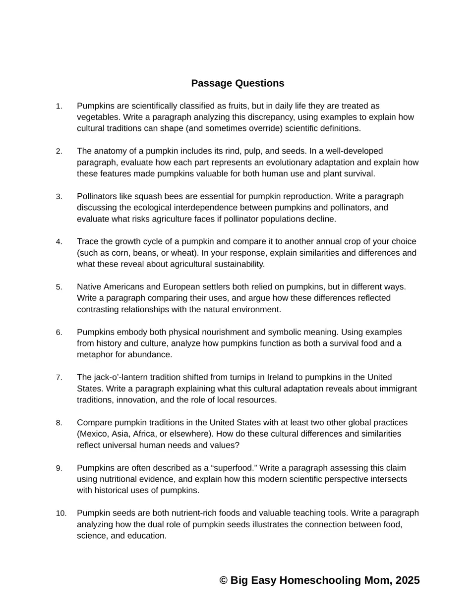 Pumpkin passage questions 1–10 ask for paragraph responses on biology, pollinators, culture, and nutrition