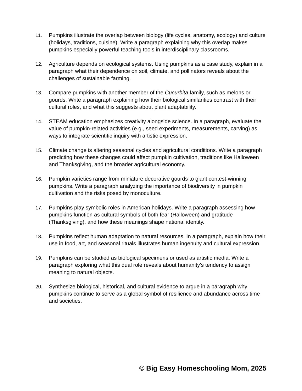 Pumpkin passage questions 11–20 cover sustainable farming, STEAM, climate change, biodiversity, and symbolism