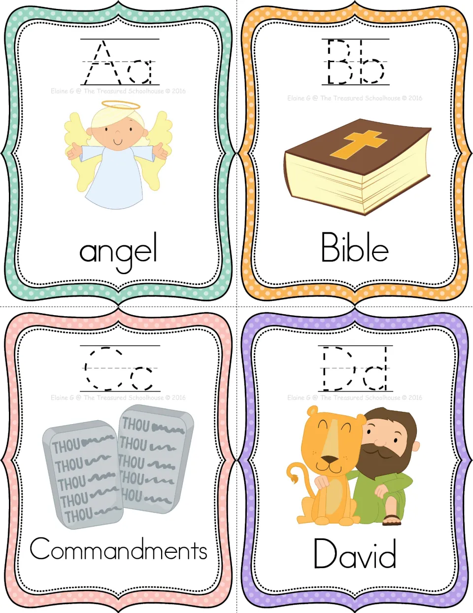 Bible alphabet tracing cards A–D: angel, Bible, Commandments, and David, with pictures and letter pairs