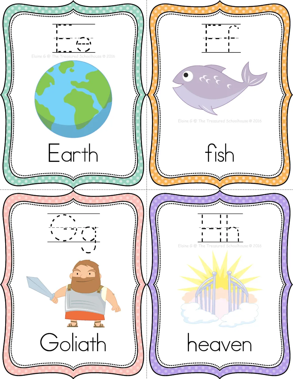 Bible alphabet tracing cards E–H: Earth, fish, Goliath, and heaven, with pictures and paired letter forms