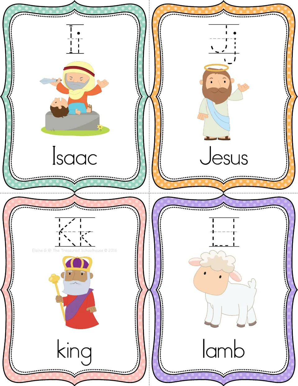 Bible alphabet tracing cards I–L: Isaac, Jesus, king, and lamb, with uppercase and lowercase letters