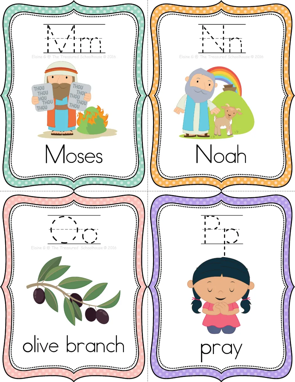 Bible alphabet tracing cards M–P: Moses, Noah, olive branch, and pray, with pictures and letter pairs