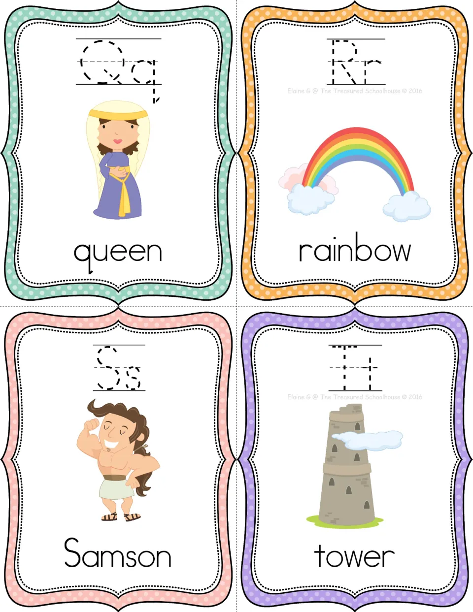 Bible alphabet tracing cards Q–T: queen, rainbow, Samson, and tower, with pictures and letter pairs