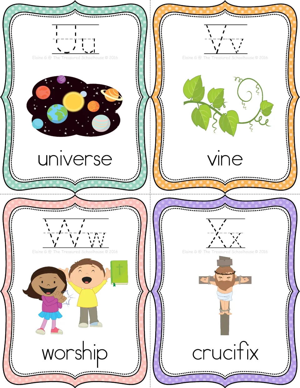 Bible alphabet tracing cards U–X: universe, vine, worship, and crucifix, with pictures and letter pairs