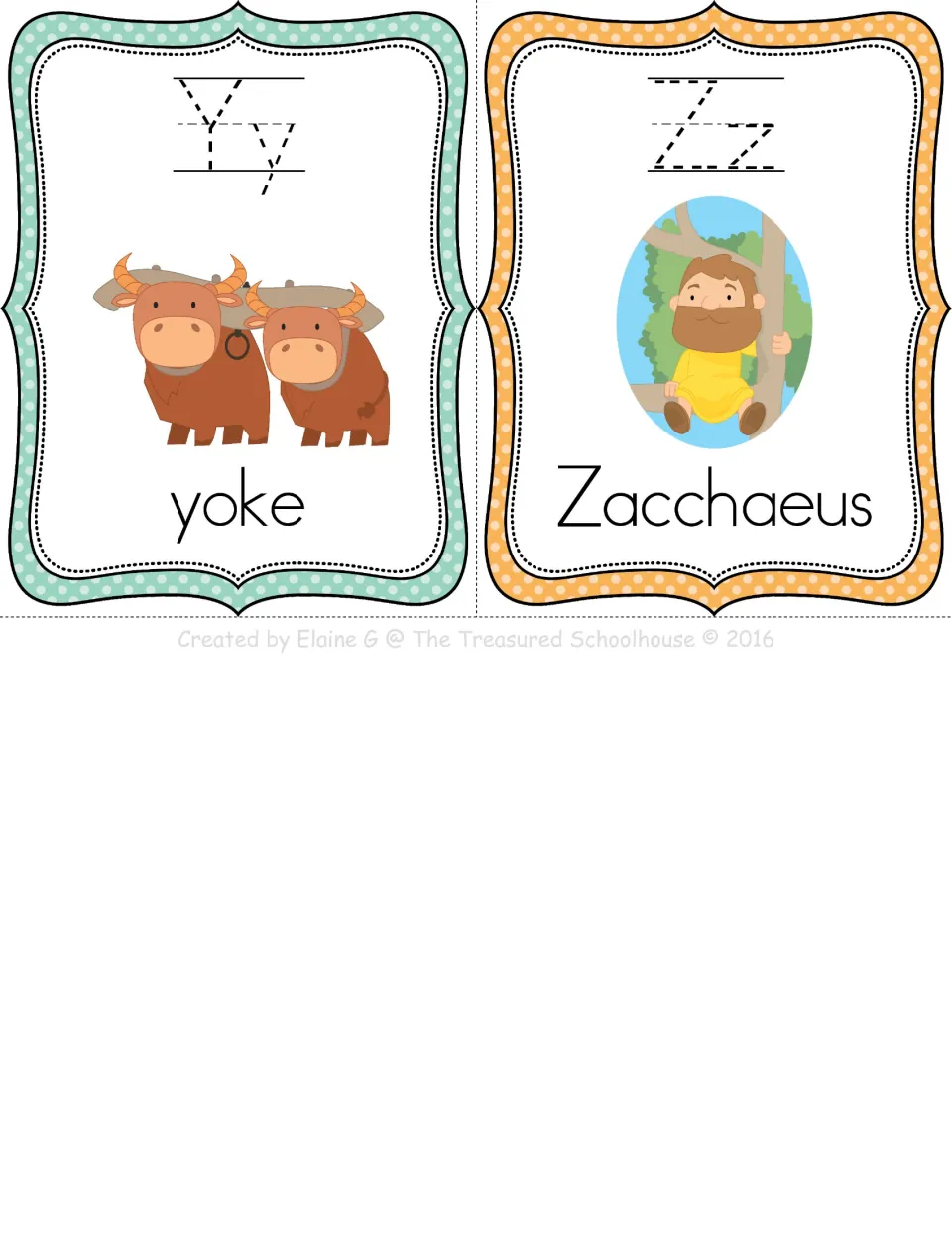 Final Bible alphabet tracing cards Y–Z: yoke and Zacchaeus, with pictures and uppercase and lowercase letters