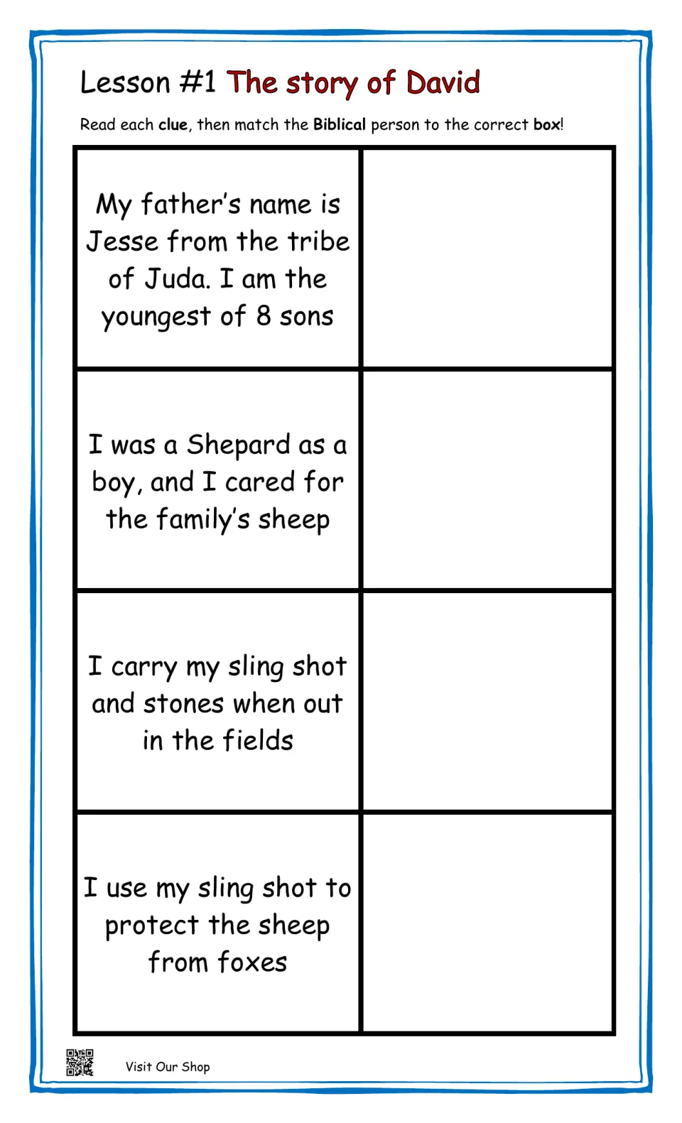 David matching lesson, clues 1–4: Jesse, eight sons, tending the family's sheep, and using a sling