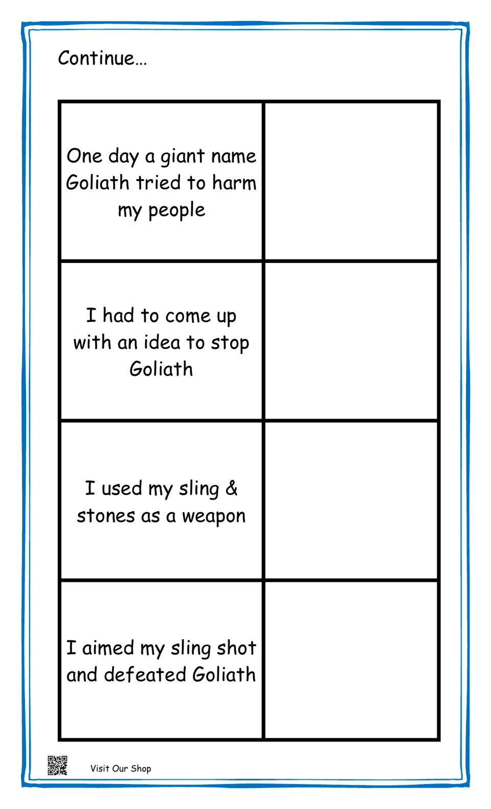 David matching lesson, clues 5–8: Goliath threatens his people, and David defeats him with a sling
