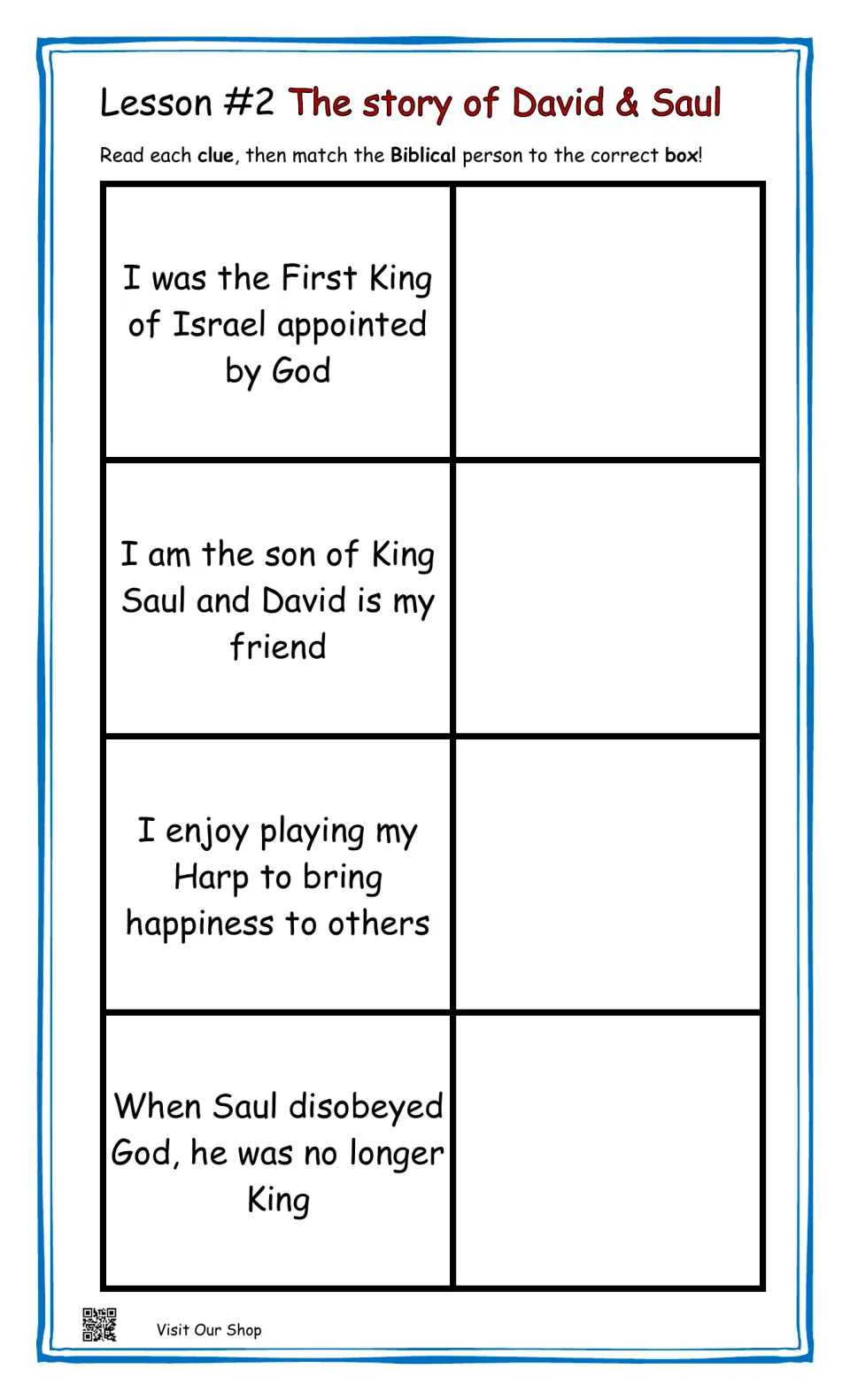 David and Saul matching lesson, clues 1–4: Israel's first king, Saul's son, harp playing, and disobedience