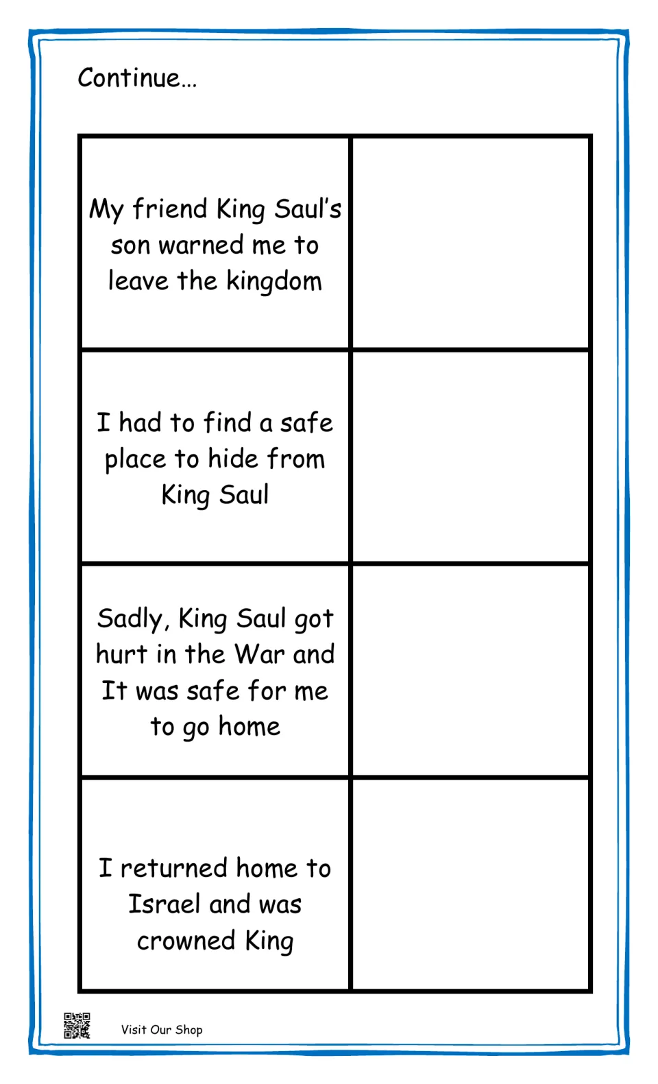 David and Saul matching lesson, clues 5–8: a friend's warning, hiding, Saul's injury, and David becoming king