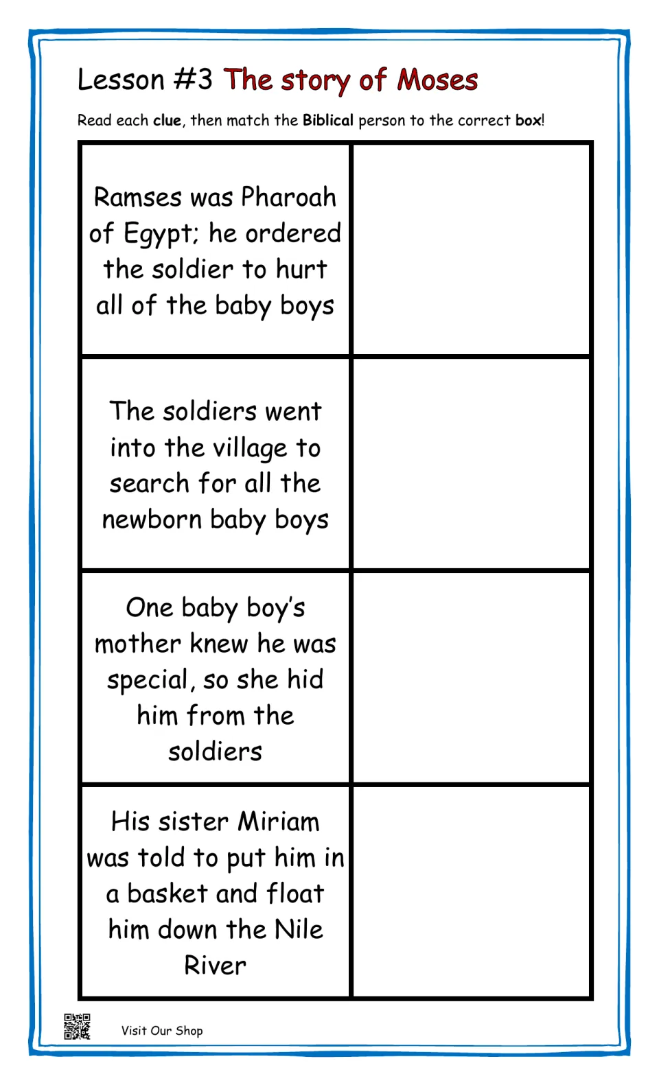 Moses matching lesson, clues 1–4: Pharaoh's order, soldiers searching, a hidden baby, and Miriam's basket