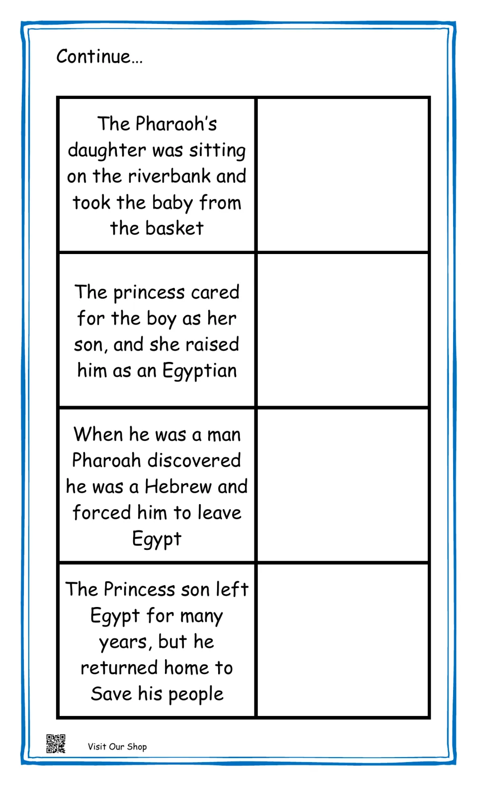 Moses matching lesson, clues 5–8: the princess rescues and raises him, he leaves Egypt, and he returns