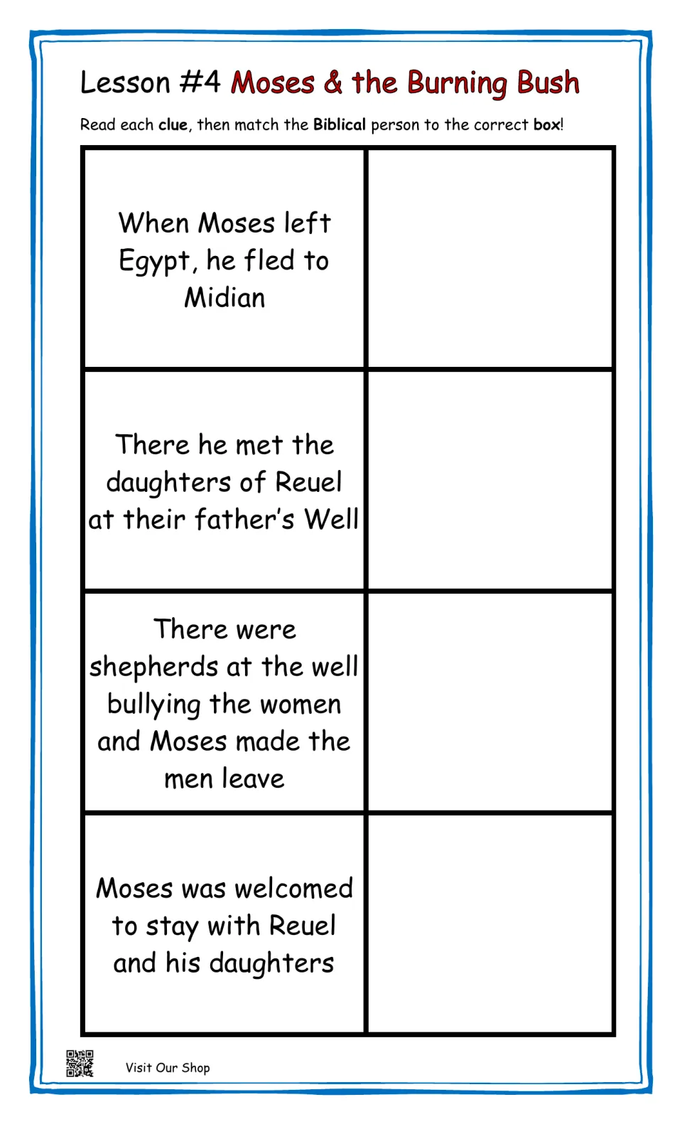 Moses and the Burning Bush lesson, clues 1–4: fleeing to Midian and helping Reuel's daughters at a well